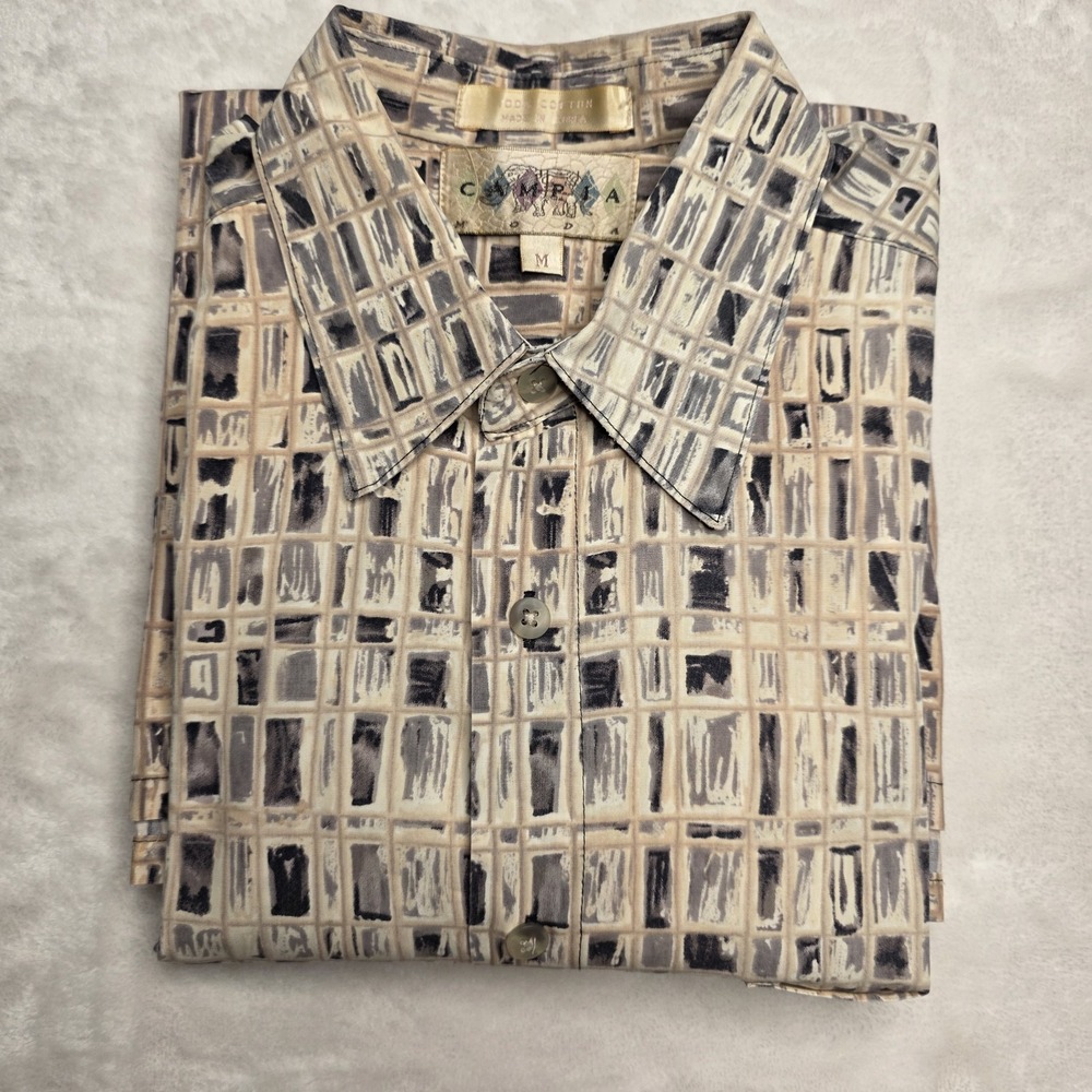 Campia Moda Casual Short Sleeve‎ Shirt Size M, Tan, Cream, Gray